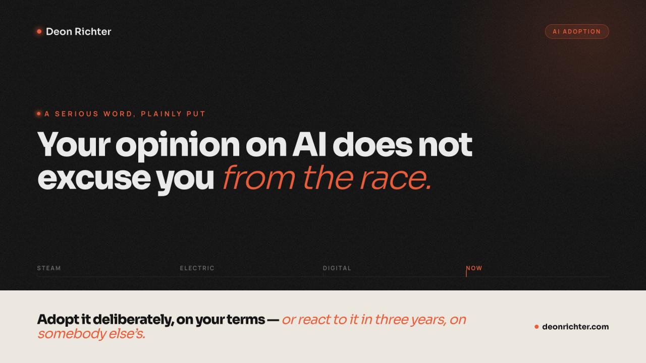 Original cover artwork for Your opinion on AI does not excuse you from the race